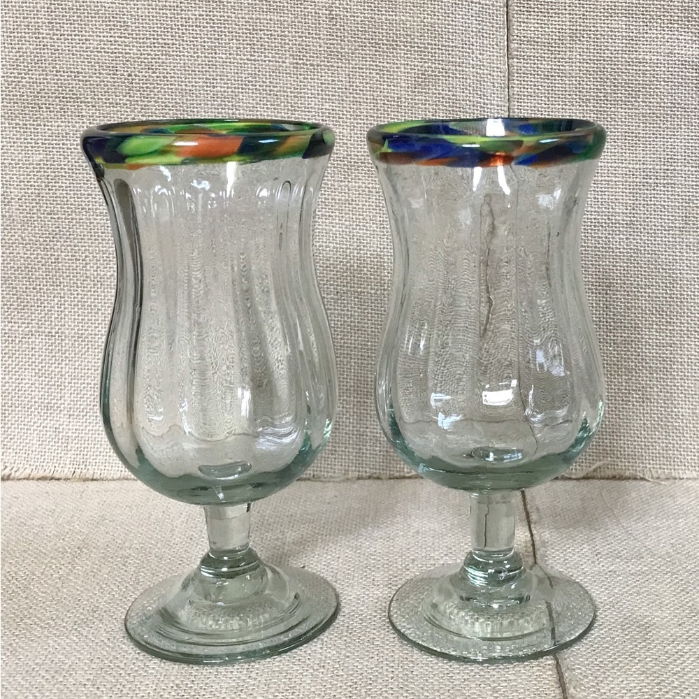 Mexican Glass Colorful Rim Ribbed Sundae Dessert Dish Set Boho Retro Hippie Fun
